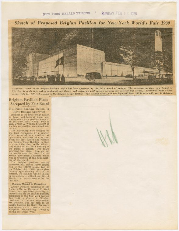 Sketch of proposed Belgium Pavilion published in the New York Herald Tribune /1938 February 13