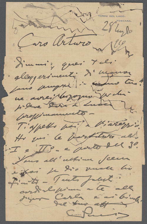 Letter from Giacomo Puccini to Arturo Toscanini, July 28, 1910