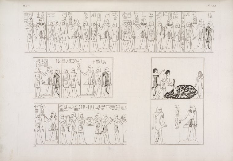 Serie di scene della tomba medesima, che figurativamente rappresentano le cerimonie del rituale praticato nell'approvazione e nella tumulazione del re defunto.