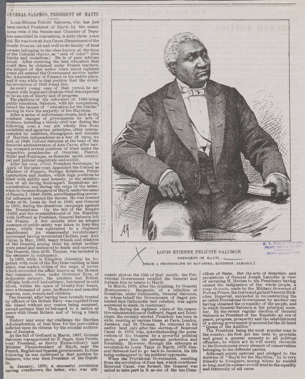 Louis Etienne Felicite Salomon. President of Hayti. (From a photograph by Bavastro, Kingston, Jamaica.)