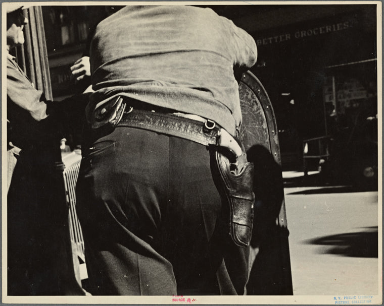 A deputy with a gun on his hip during the September 1935 strike in Morgantown, West Virginia