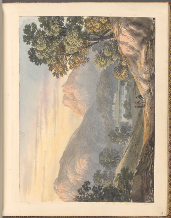 Mounted watercolor landscape with trees, lake and mountains, signed “M. Thornicraft 1822”