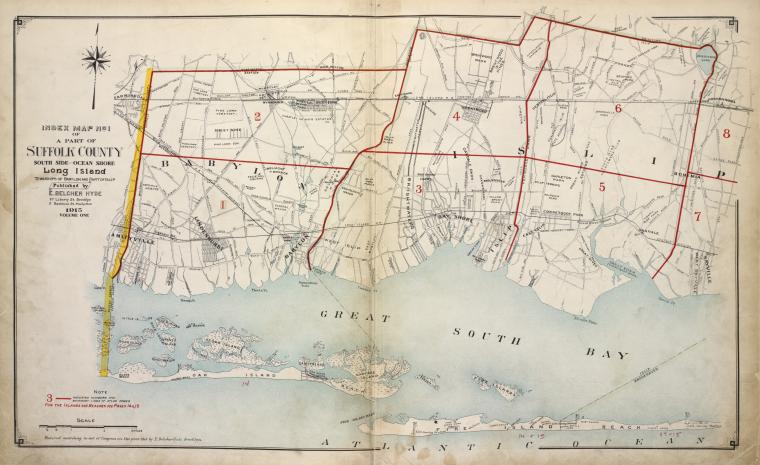Index Map No.1 of a part of Suffolk County. South Side - Ocean Shore, Long Island. Townships of Babylon and Part of Islip Published by E. Belcher Hyde. 97 Liberty Street, Brooklyn. 5 Beekman Street, Manhattan. 1915. Volume One.