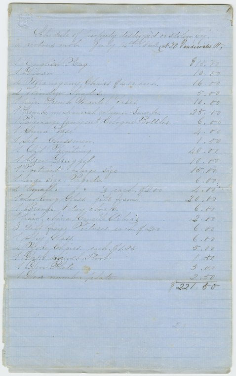 Albro Lyons Schedule of items for reparations (Draft Riots)