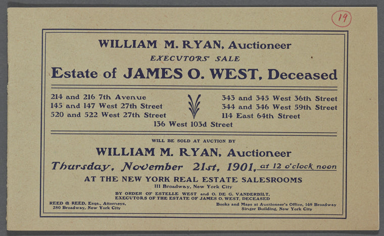 Executors' Sale: Estate of James O. West, Deceased