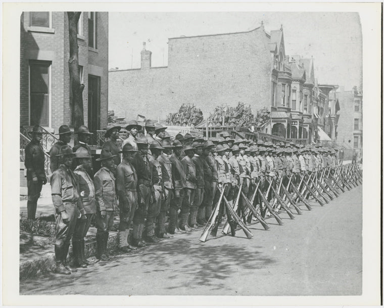 View of assembled troops of the 15th Infantry Regiment of the New York National Guard, later renamed the 369th Infantry, circa 1918