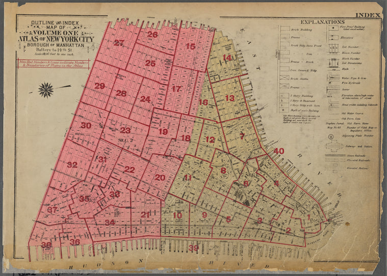 Outline and Index Map of Volume One, Atlas of New York City, Borough of Manhattan. Battery to 14th St.