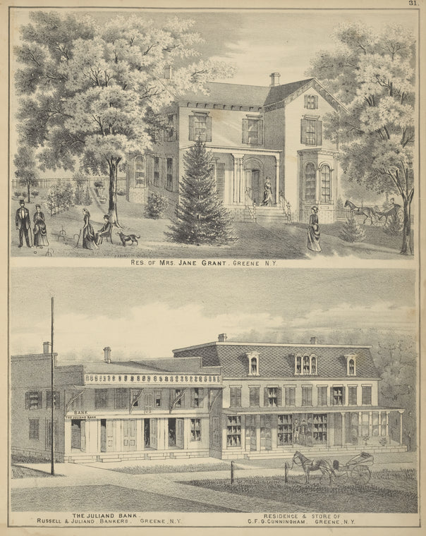 Res. of Mrs. Jane Grant, Greene N.Y.; The Juliano Bank. Russell & Juliano, Bankers, Greene, N.Y.; Residence & Store of C.F.G. Cunningham, Greene, N.Y.