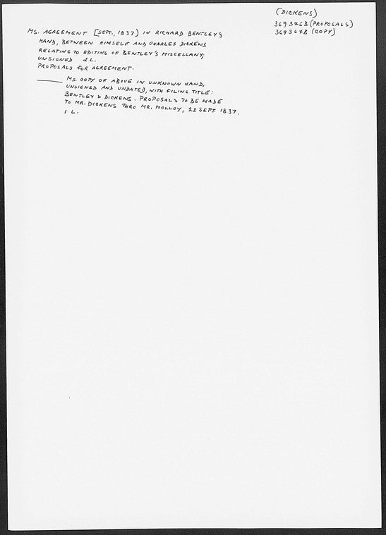 Agreement between Richard Bentley and Charles Dickens relating to editing of Bentley's Miscellany. Manuscript. In Richard Bentley's hand