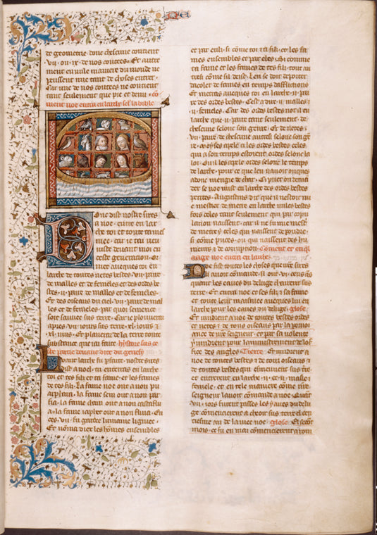 Miniature of the Ark, with humans and animals on board. Partial border, initials, rubrics