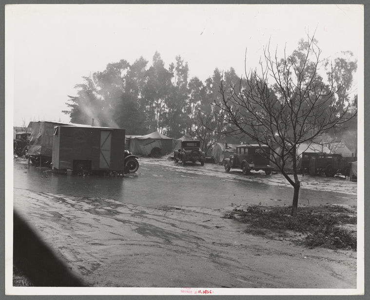 Migrant camp in California during the pea harvesting. San Luis Obispo County, California