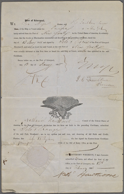 Consul's certificate, Liverpool, Feb. 15, 1855, relating to cargo of "Pacific," signed by Nathaniel Hawthorne.