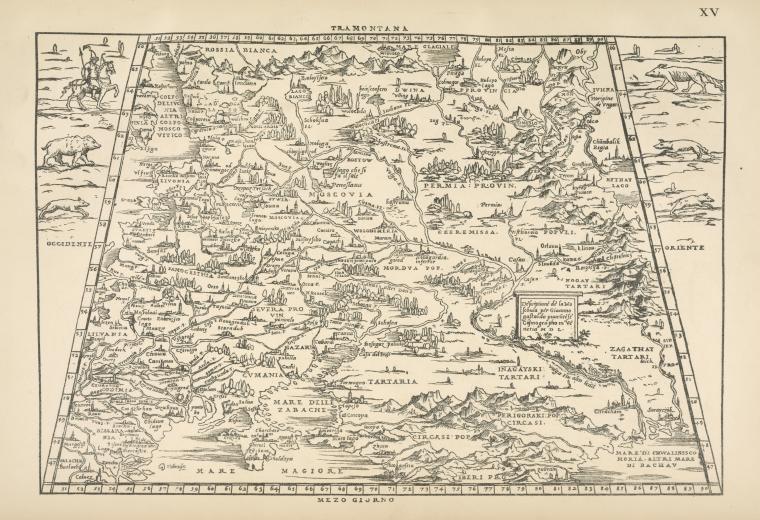 Karta Rossii Gerbershteina, gravirivannaia na derevie Ia.Gastal'do dlia italianskago perevoda Zapisok o Moskovii, Venetiis, 1550. Tekst str.7