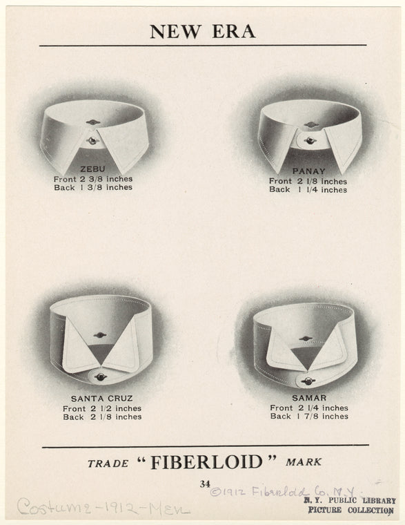 Various styles of men's "Fiberloid" collars, 1910s