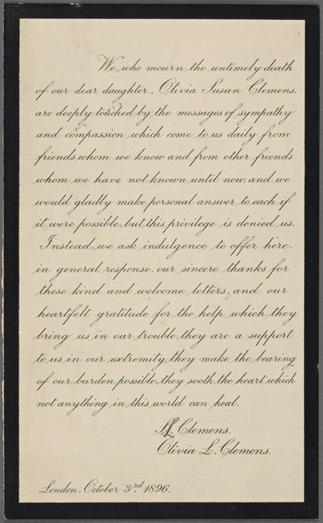 Acknowledgment of sympathy on the death of Susan Olivia Clemens, Holograph draft, signed.