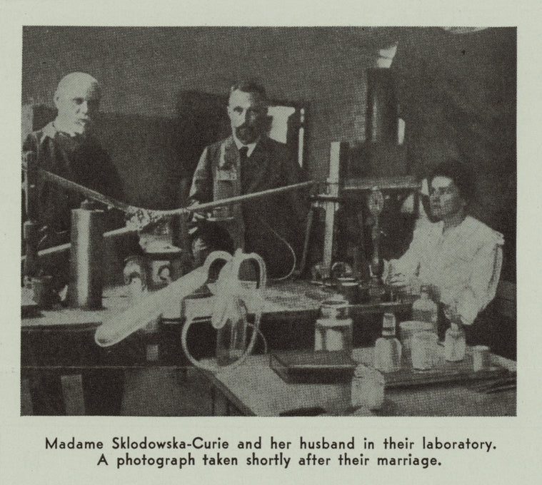 Marie Sklodowska-Curie and her husband in their laboratory. A photograph taken shortly before their marriage