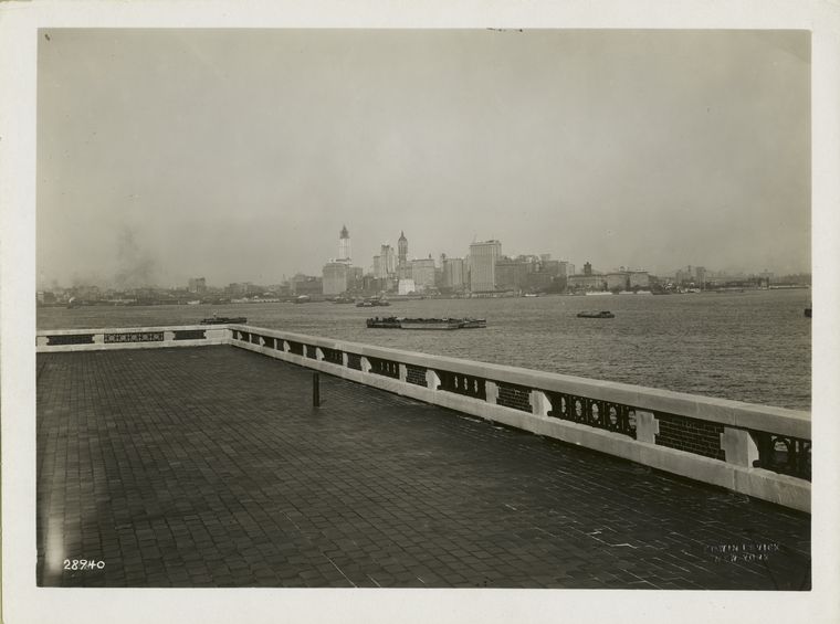 View of the New York skyline from the observation roof atop one wing of the Immigration Station, Ellis Island.