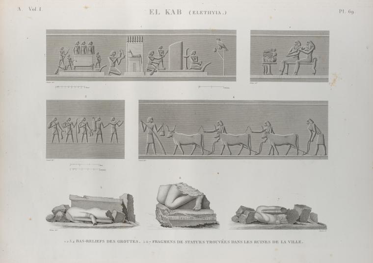 El Kab (Elethyia). 1-4. Bas-reliefs des grottes; 5-7. Fragmens de statues trouvées dans les ruines de la ville.