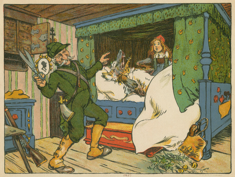 Red Riding Hood freed from the wolf's belly