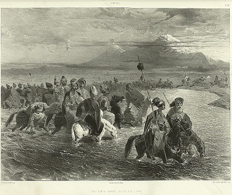 Armenie. Tribu kurde passant un gue sur L'arax.