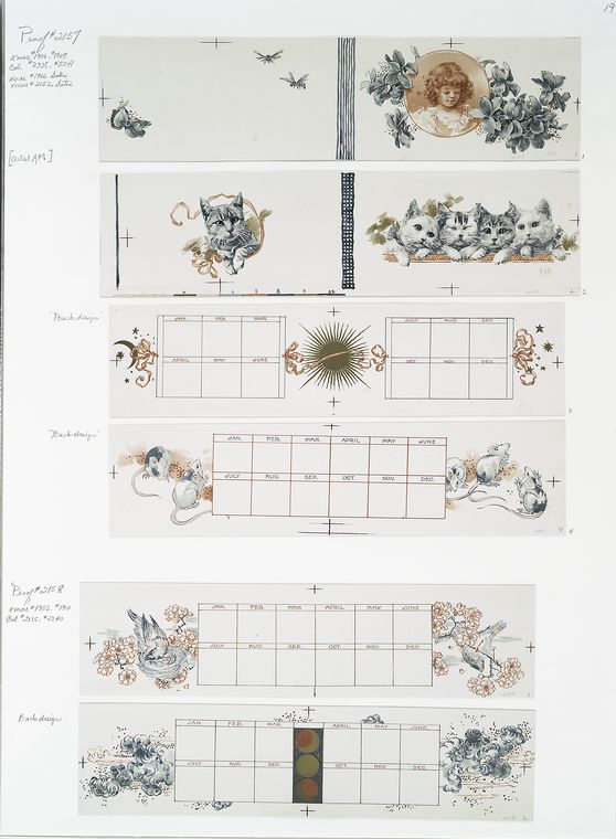 Christmas cards and calendar depicting cats, bees, mice, young girls, birds, the moon.