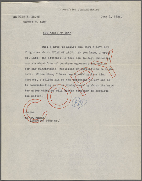 Agreements, correspondence, forms, statements from various theatrical agencies concerning Samuel Langhorne Clemens from the files of the American Play Company.: Joan of Arc