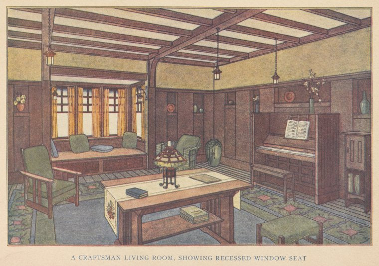 A craftsman living room, showing recessed window seat
