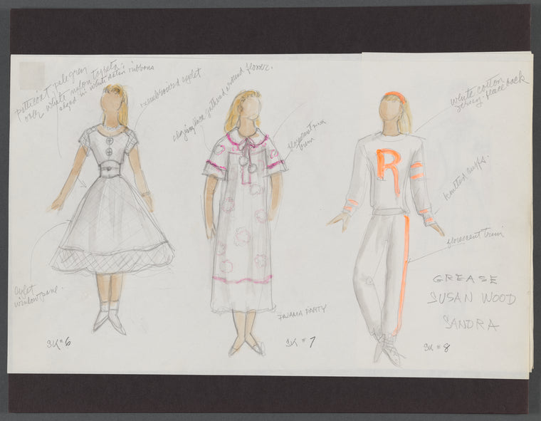 Grease: Costume sketches for Sandra (Susan Wood), with related draft sketches