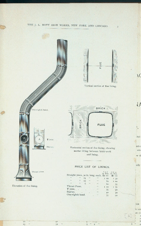 Drawings of flue lining with price listings.