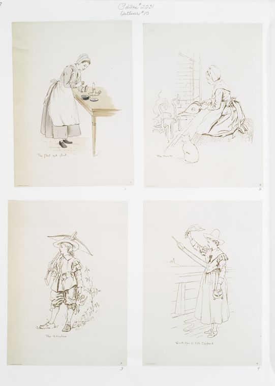 Outlines entitled 'the flint and steel,' 'the hearth,' 'the crossbow' and 'good bye to old England.'
