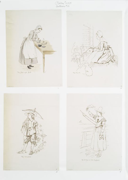 Outlines entitled 'the flint and steel,' 'the hearth,' 'the crossbow' and 'good bye to old England.'
