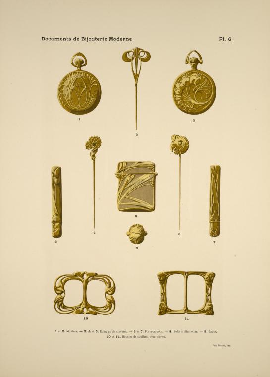 1 et 2. Montres. 3, 4, et 5. Épingles de cravates. 6 et 7. Porte-crayons. 8. Boîte à allumettes. [...]