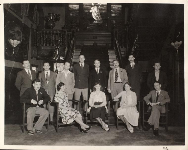 1932. Back row: Ernst Paul Fiene, Joshua Kunitz, Leonard Ehrlich, Aaron Copland, George Milburn, Waldo Frank, Morris L. Ernst, Joseph Vogel. Front row: Malcolm Cowley, unidentified woman, Marion Greenwood, unidentified woman and man