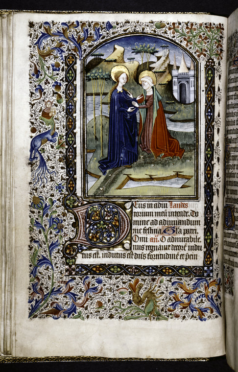 Miniature of the Visitation with border design, initials, rubrics and placemarkers.