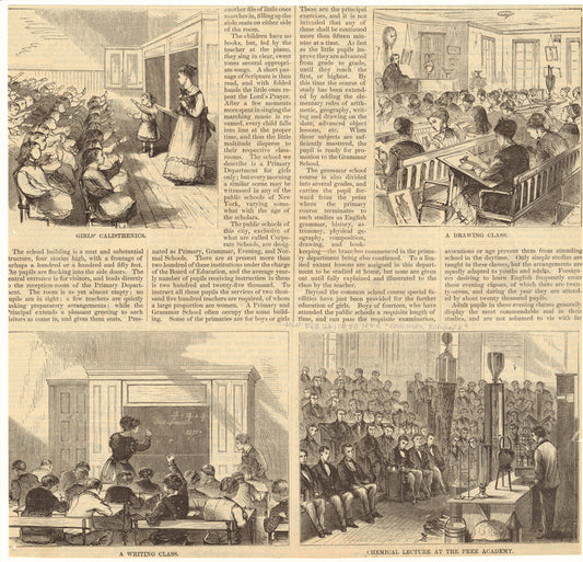 Girls' calisthenics ; A drawing class ; A writing class ; Chemical lecture at the Free Academy