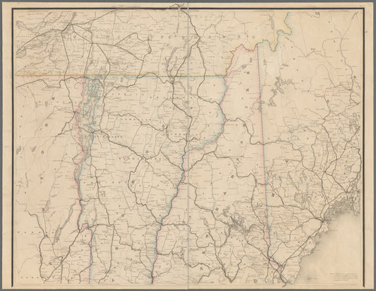 Post route map of the states of New Hampshire, Vermont, Massachusetts, Rhode Island, Connecticut, and parts of New York and Maine