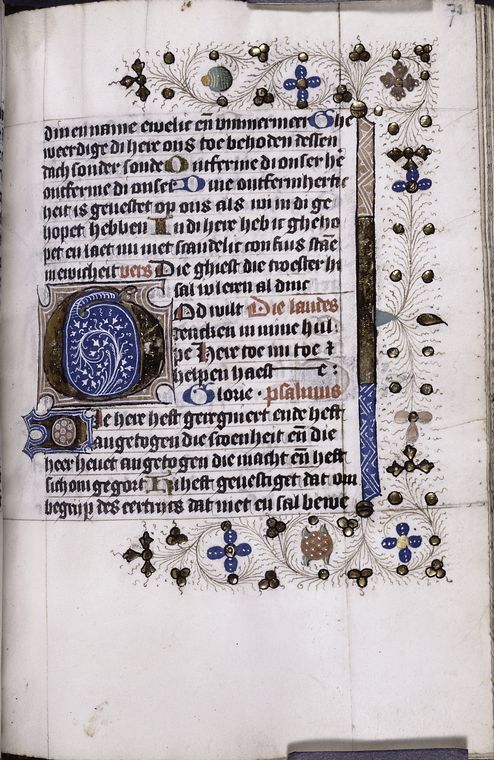 Text with initials, rubrics, placemarkers, floreate border.