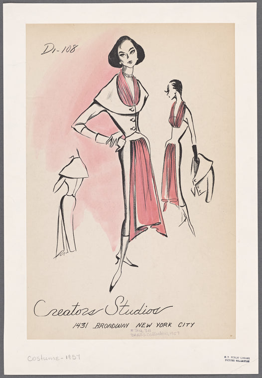 Redingote-style dress with shawl-collar jacket, chiffon halter and matching apron drape
