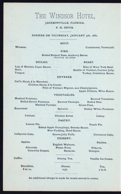 DINNER [held by] WINDSOR HOTEL [at] "JACKSONVILLE, FL" (HOTEL)