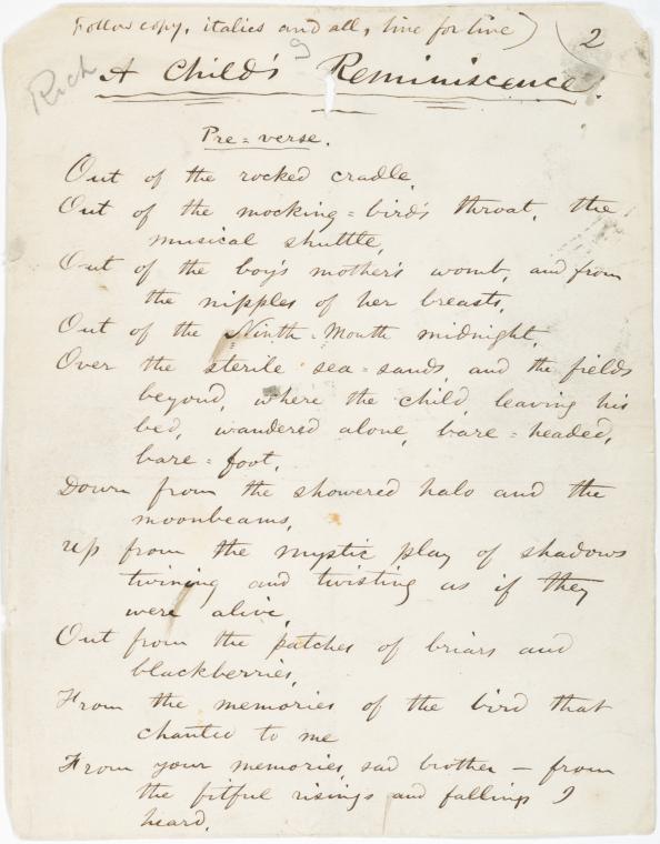 "A Child's Reminiscence." Holograph poem [1859].