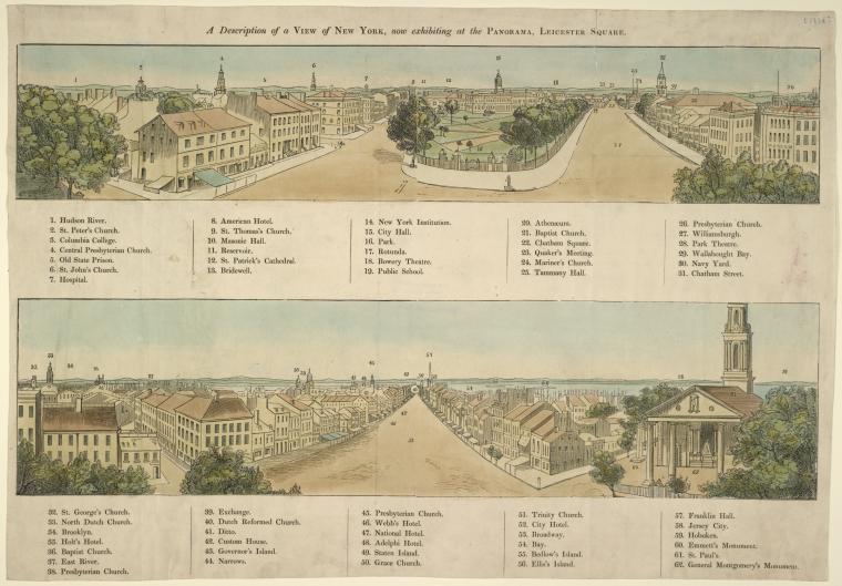 A description of a view of New York, now exhibiting at the Panorama, Leicester Square. Below, two views, top one showing City Hall, lower one Broadway, with St. Paul's.