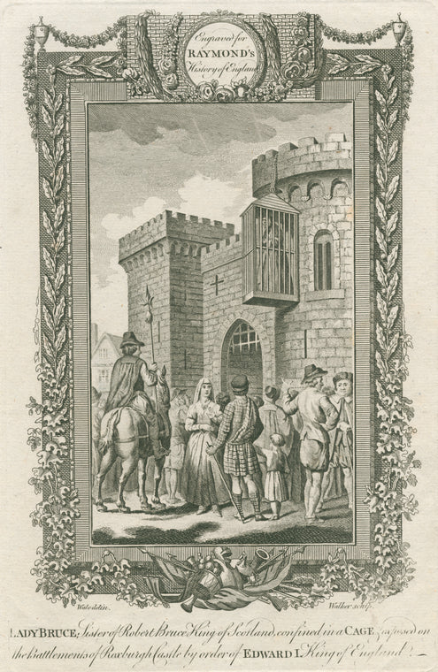 Lady Bruce, sister of Robert Bruce King of Scotland, confined in a cage, exposed on the Battlements of Roxburgh Castle by order of Edward I King of England