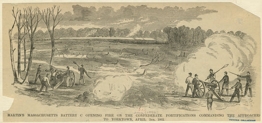 Martin's Massachusetts Battery C opening five on the confederate fortifications commanding the approaches to Yorktown, April 5th, 1862