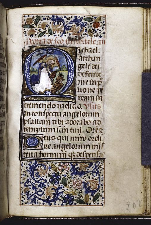 Historiated initial with the Archangel Michael; partial border, initial and rubrics