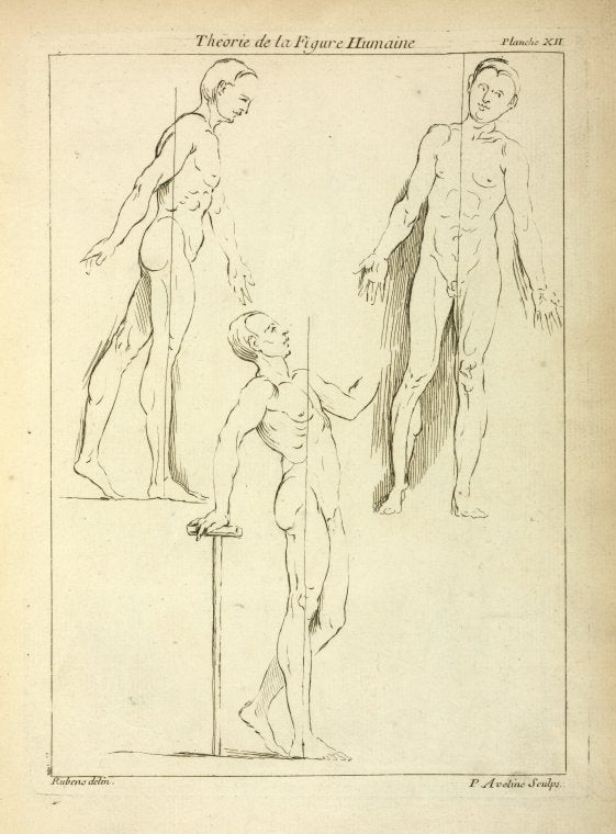 Three standing figures, seen from side and front