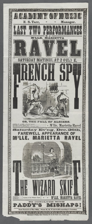 Broadside announcement for Marietta Ravel performing in the pantomime The French Spy at the Academy of Music