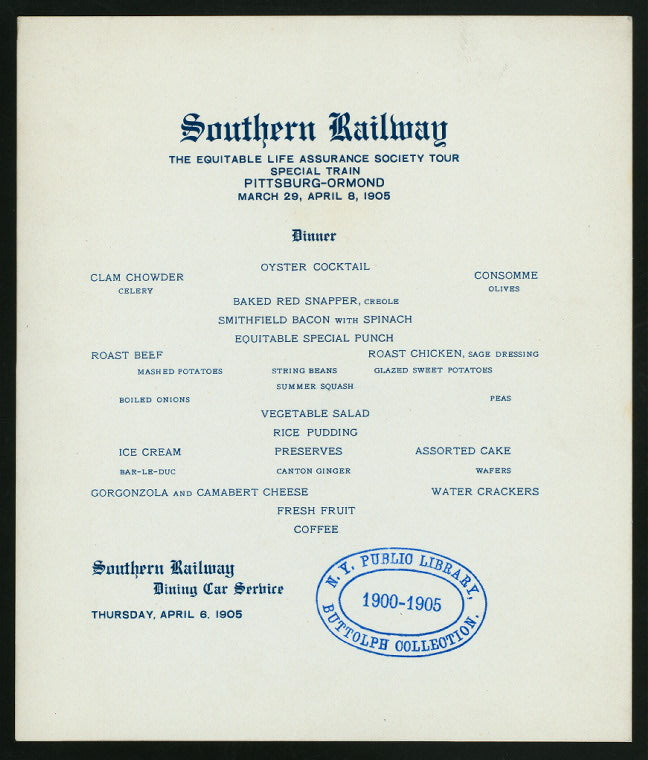 DINNER ON TOUR VIA SOUTHERN RAILWAY [held by] EQUITABLE LIFE ASSURANCE SOCIETY [at] "EN ROUTE, PITTSBURGH TO ORMOND" (RR;)