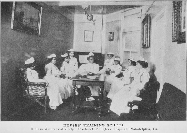 Nurses' Training School; A class of nurses at study; Frederick Douglass Hospital, Philadelphia, Pa.