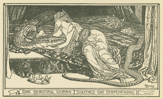 The beautiful woman soothes the serpent king.