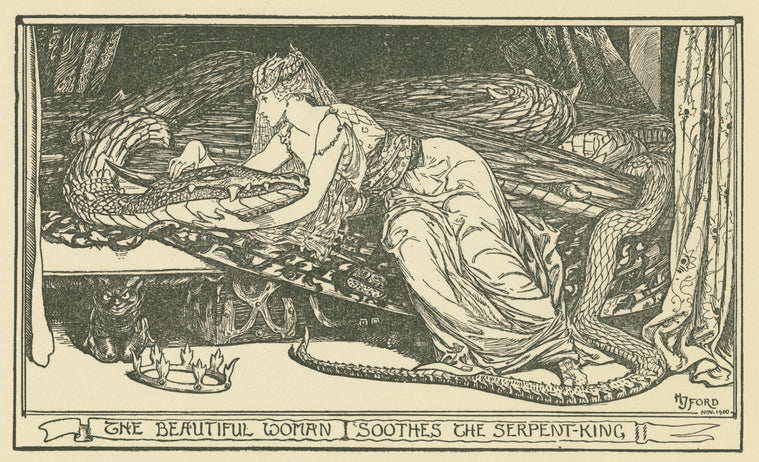 The beautiful woman soothes the serpent king.